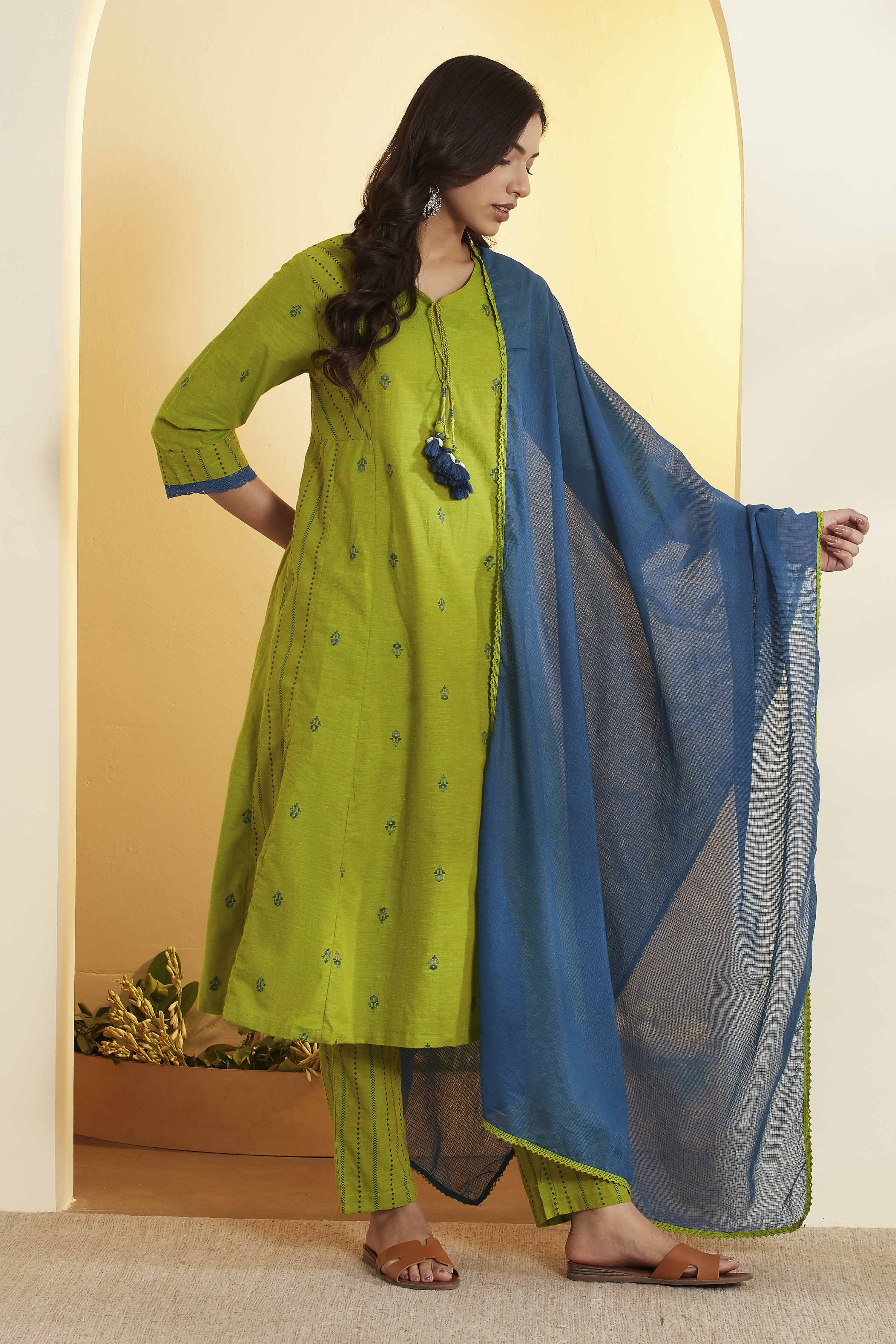 Mint Green Yarndyed Straight Cotton Kurta Set image number 4