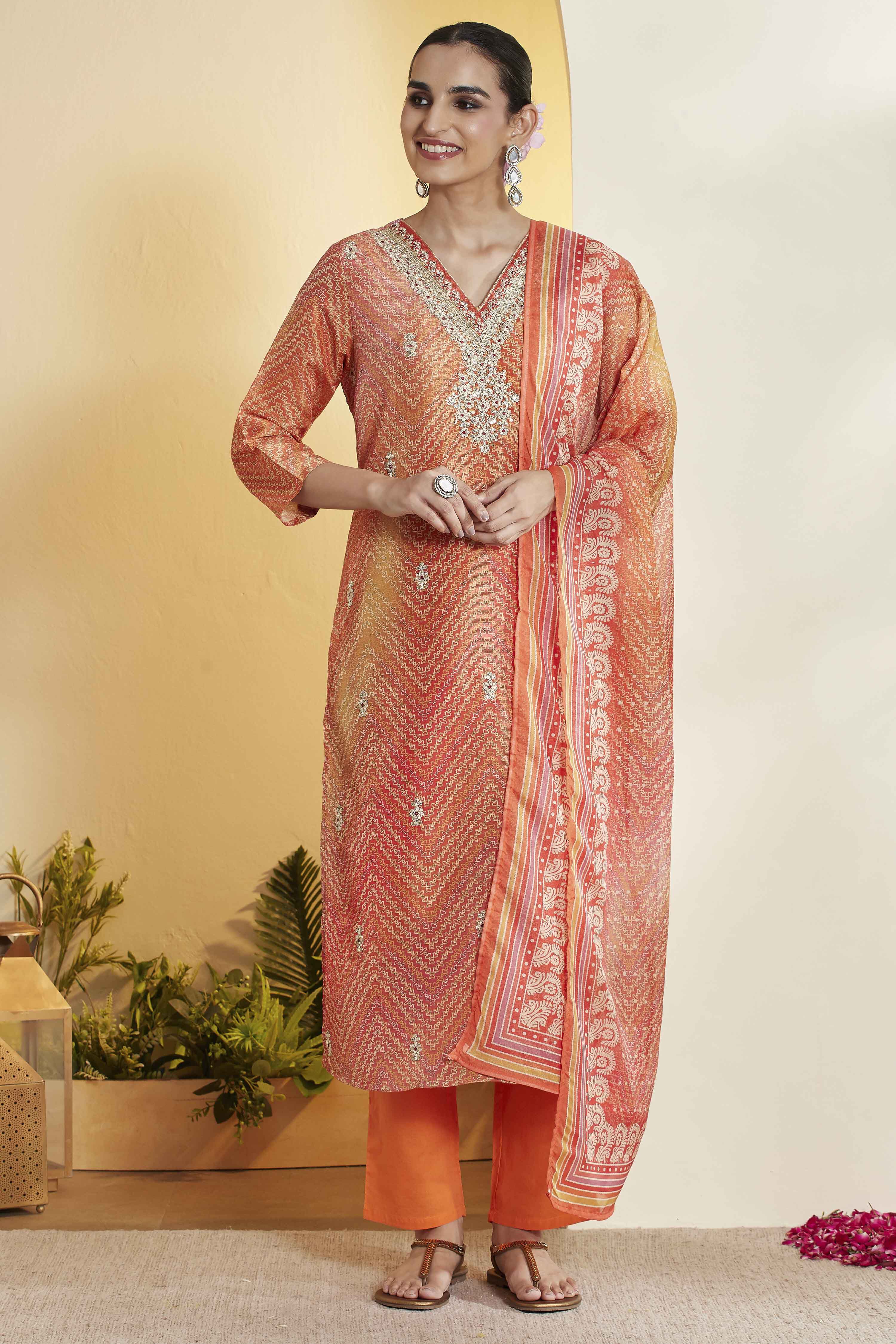 Orange Polyester Straight Printed Suit Set image number 7