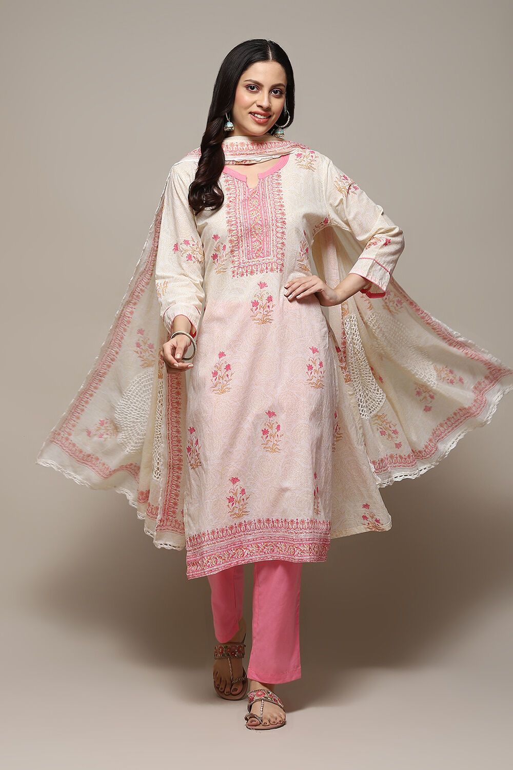 Pink Cotton Hand Embroidered Unstitched Suit Set image number 1