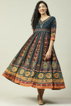 Teal Art Silk Flared Fusion Printed Dress image number 0
