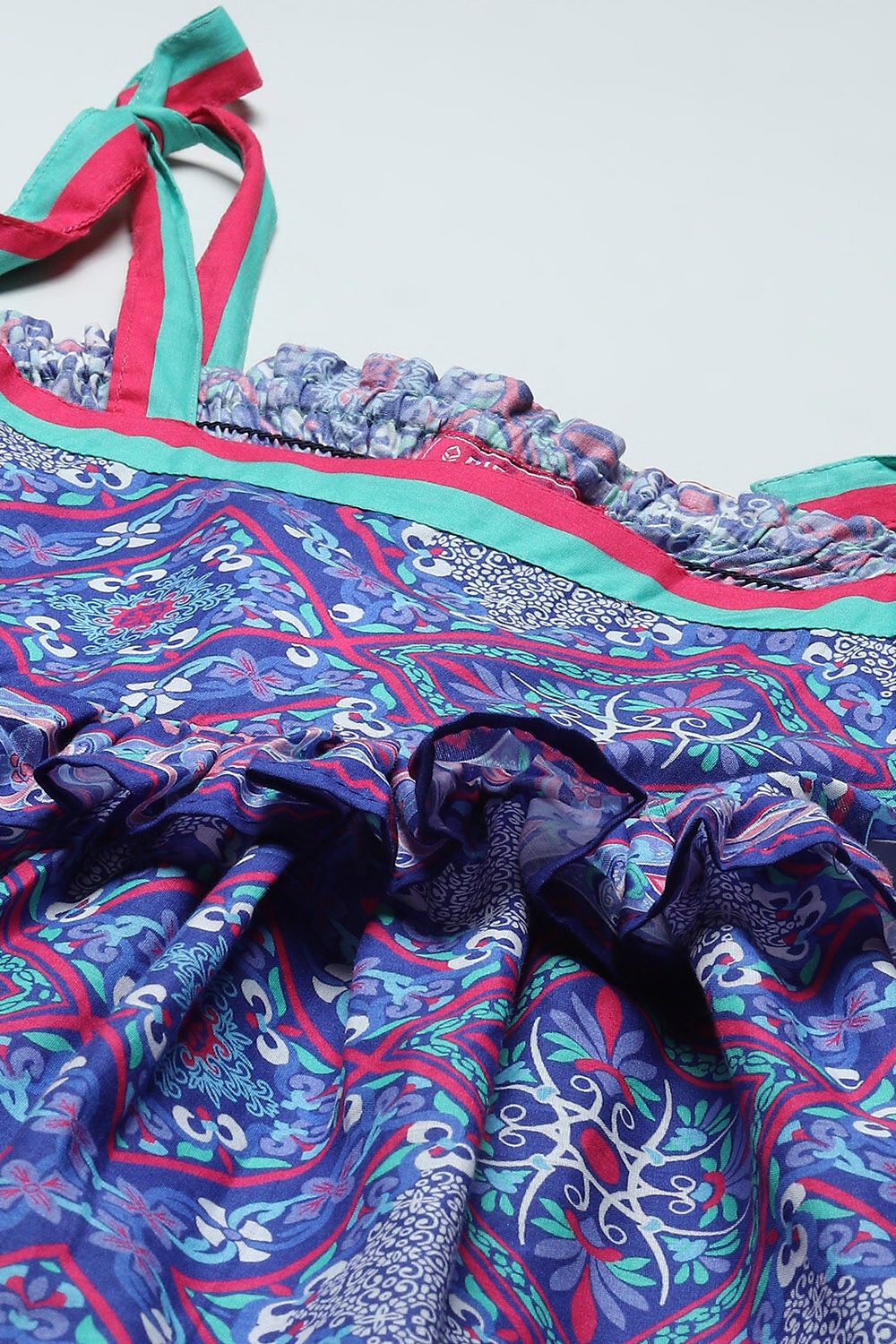 Blue Mosaic Printed Cotton Shoulder Tie Up Dress image number 1