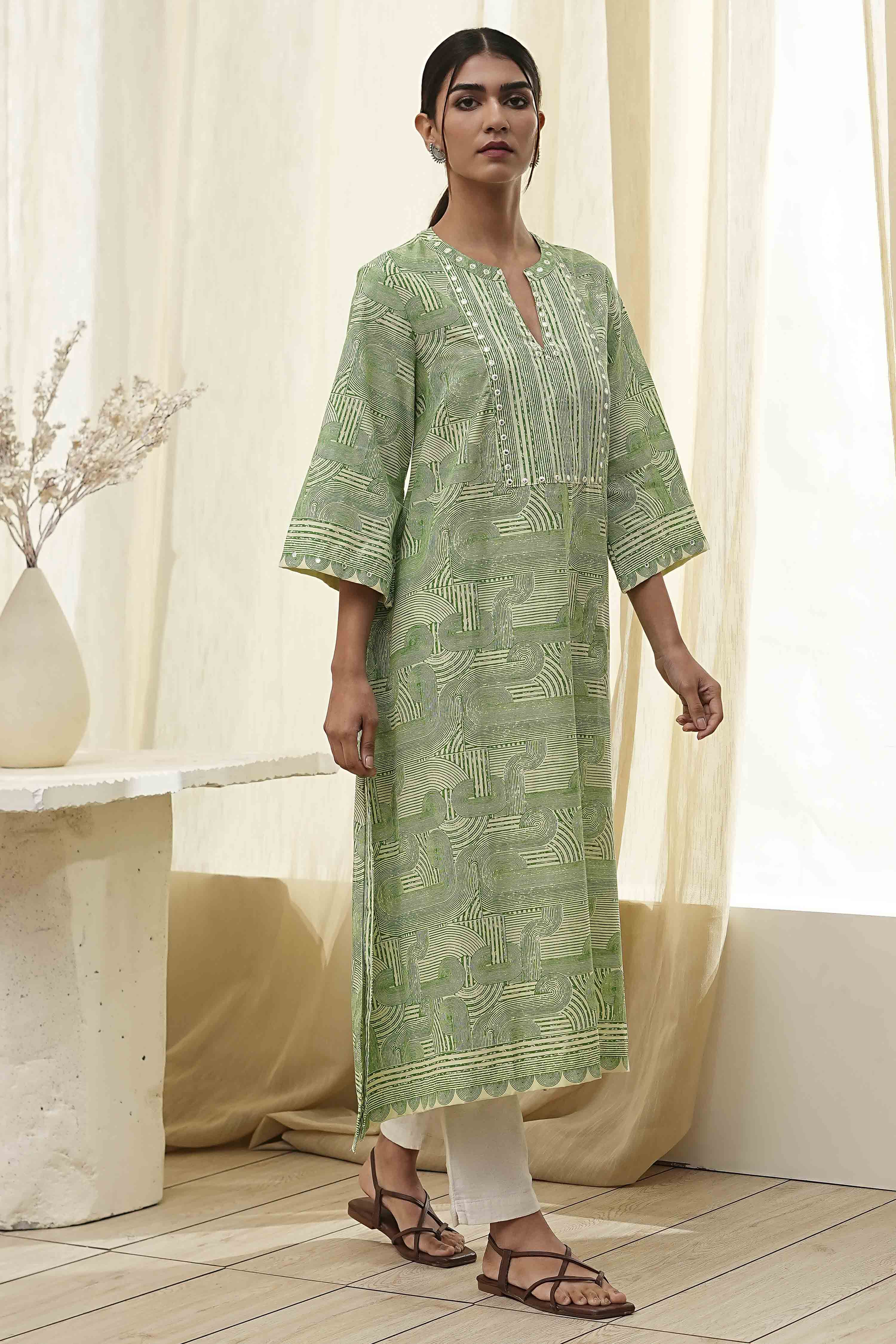 Green Pure Cotton Printed Straight Kurta image number 4
