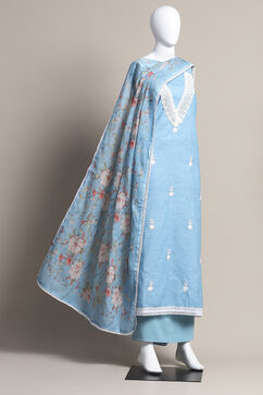 Sky Blue Linen Digital Print Unstitched Suit Set image number 0