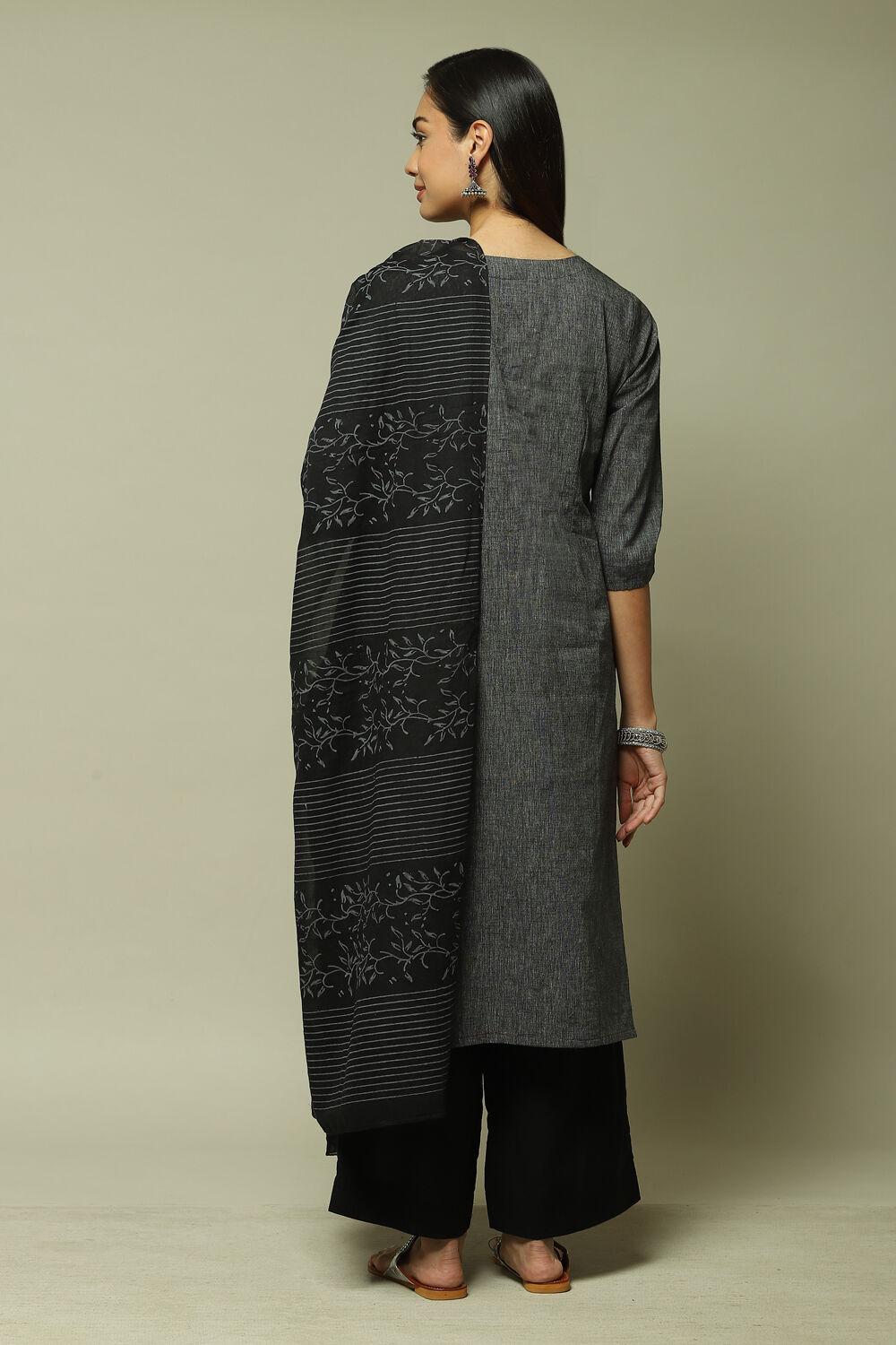 Dark Grey Cotton Machine Embroidered Unstitched Suit Set image number 7