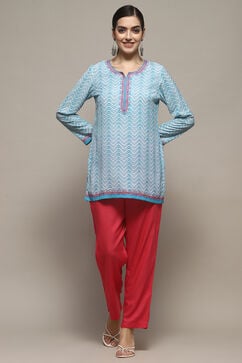 Blue Pink Polyester Straight Kurti image number 0