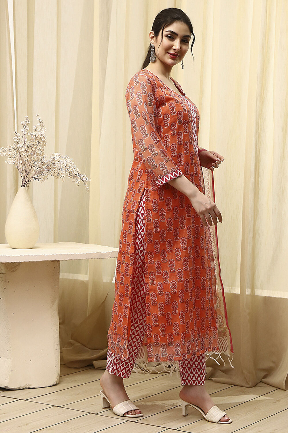 Coral Cotton Hand Block Print Unstitched Suit Set image number 7