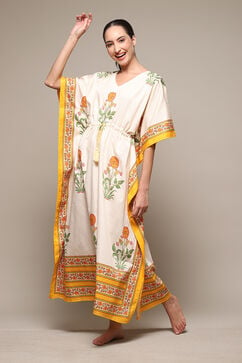 Off White & Must Cotton Printed Kaftan image number 0