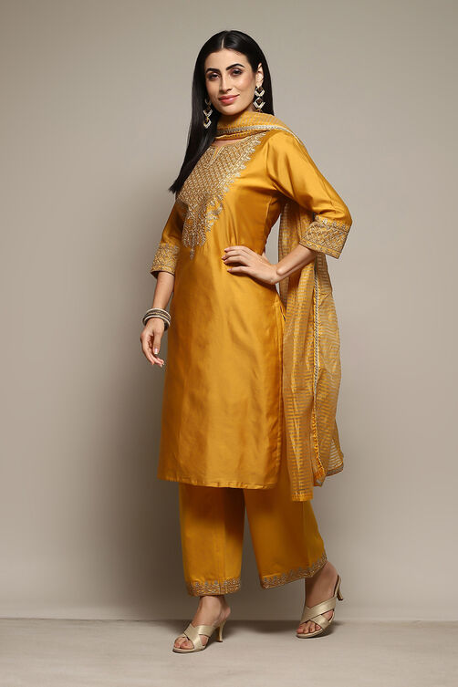 Mustard Poly Chanderi Straight Embroidery Kurta Palazzo Suit Set image number 3