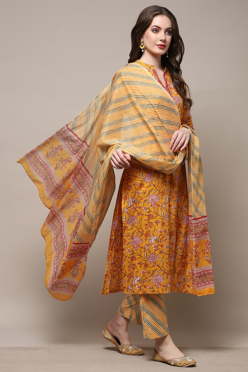 Mustard Yellow Cotton Screen Printed Unstitched Suit Set image number 7