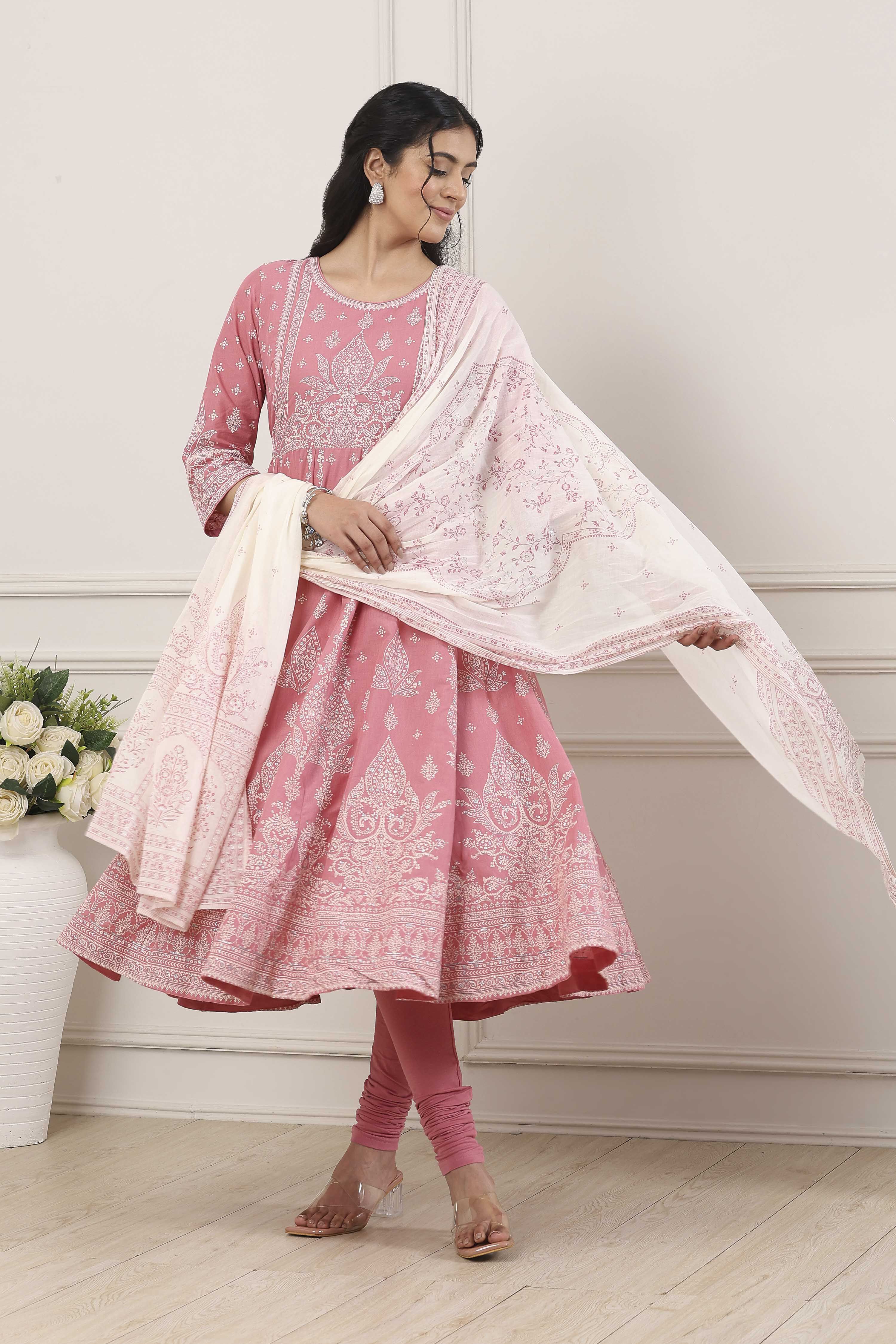 Pink Cotton Ethnic Motif Printed Anarkali Suit Set image number 0