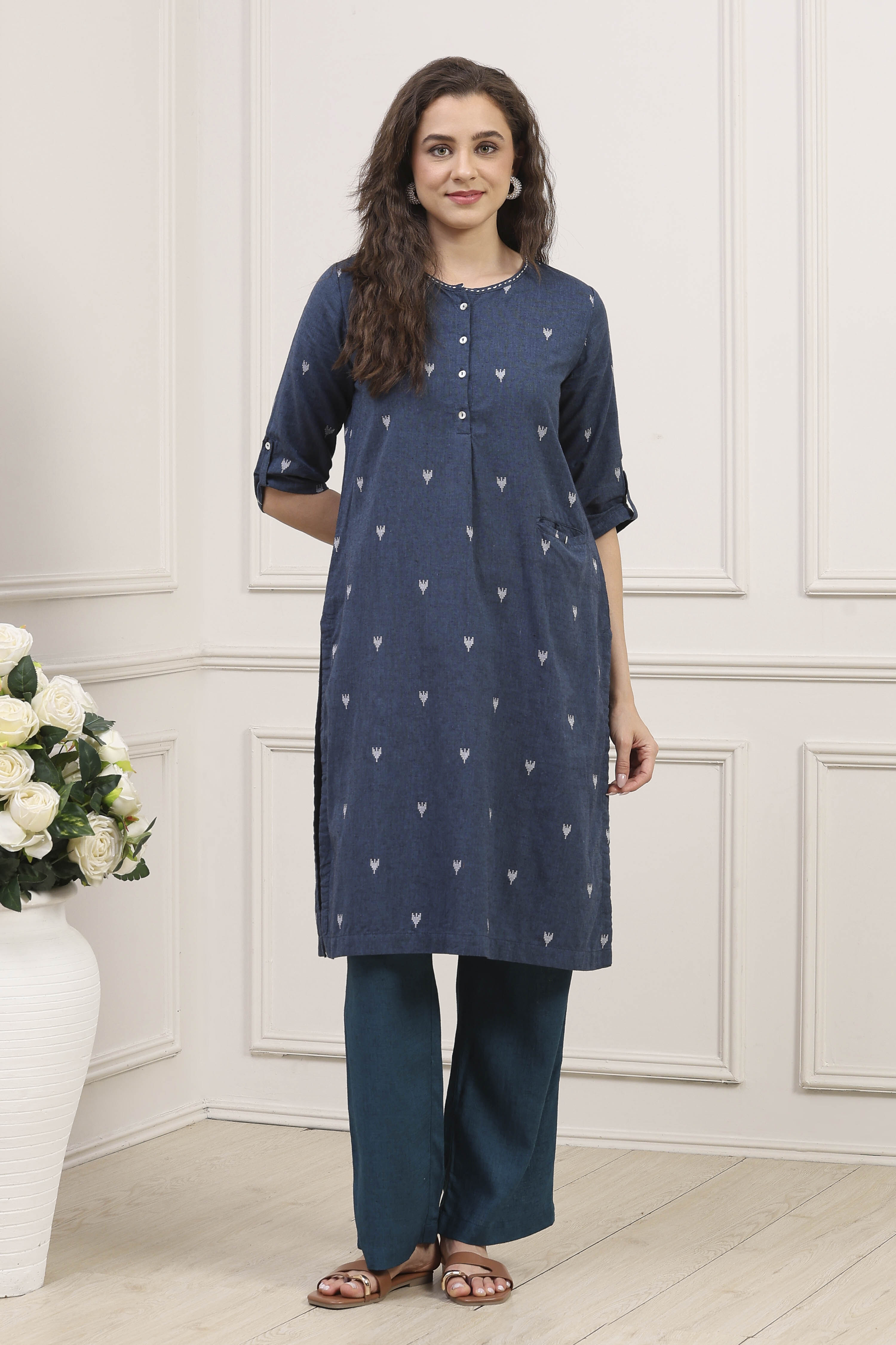 Navy Blue Cotton Yarndyed Straight Suit Set image number 0