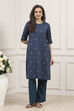 Navy Blue Cotton Yarndyed Straight Suit Set image number 0