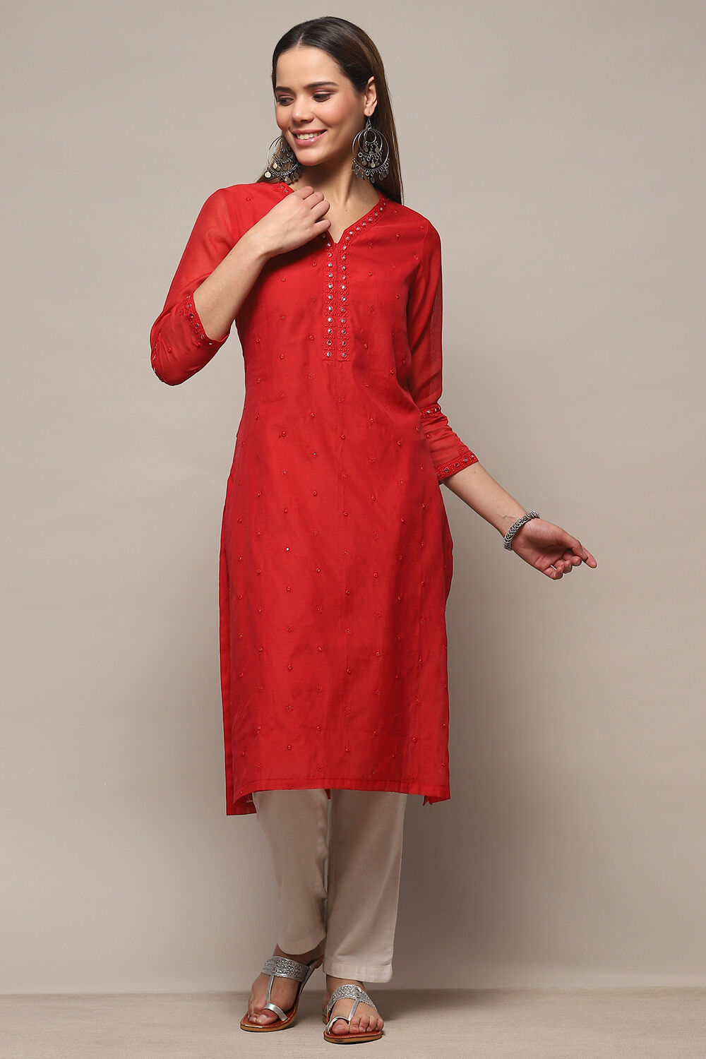 Red Polyester Asymmetric Kurta at Biba India
