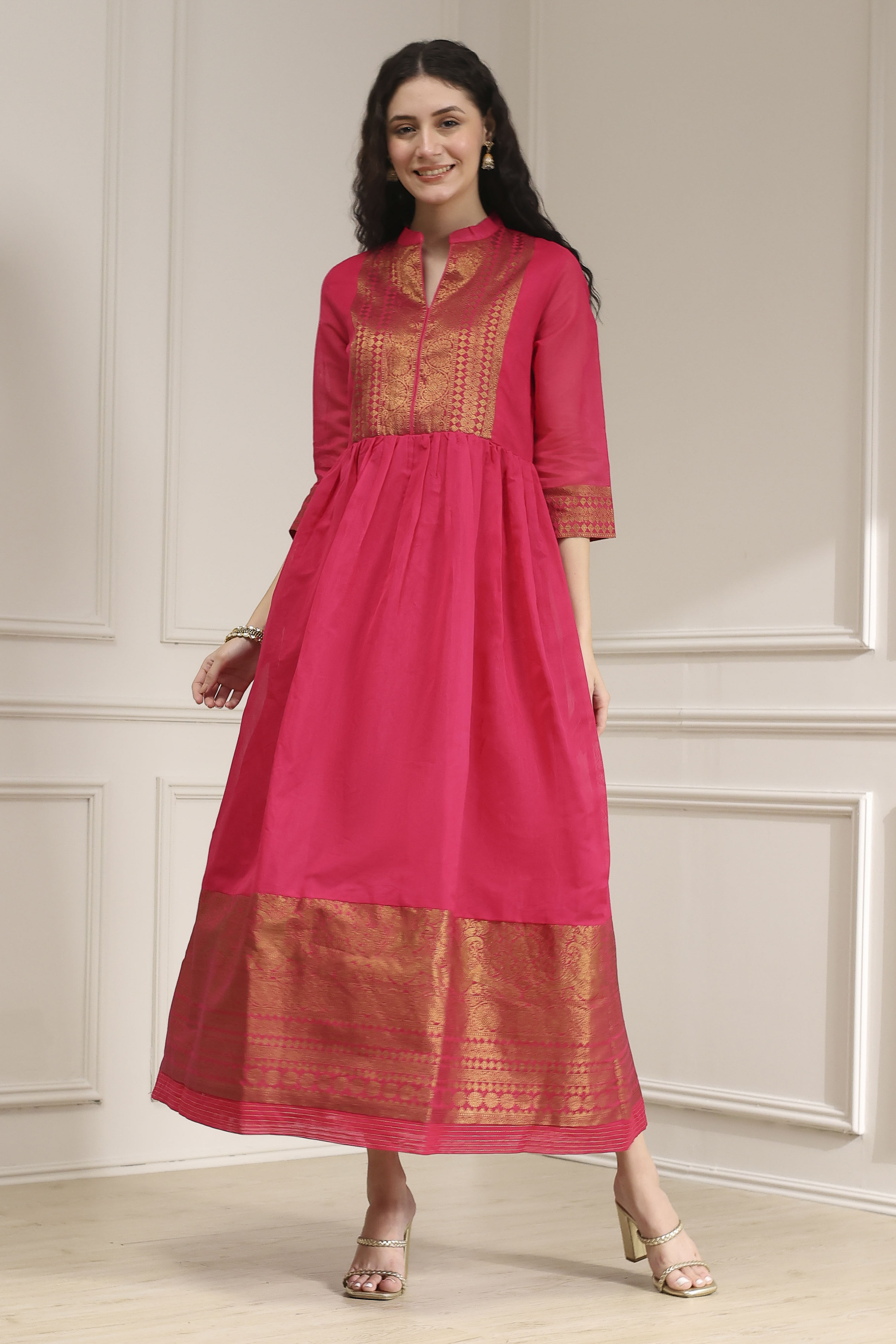 Fuchsia Yarn-Dyed Flared Kurta image number 5