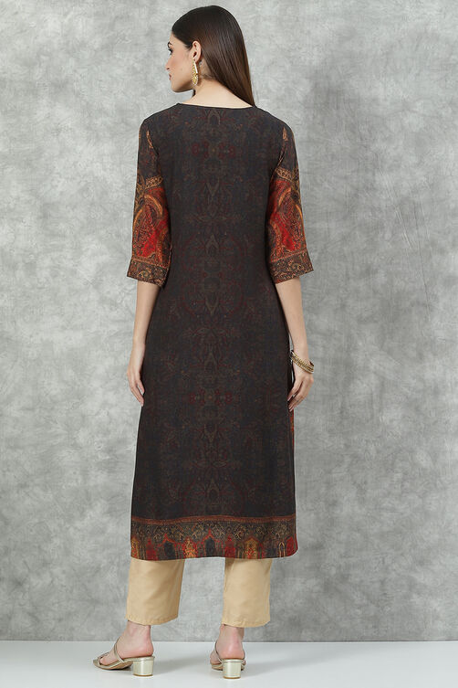 Charcoal Viscose Straight Printed Kurta image number 4