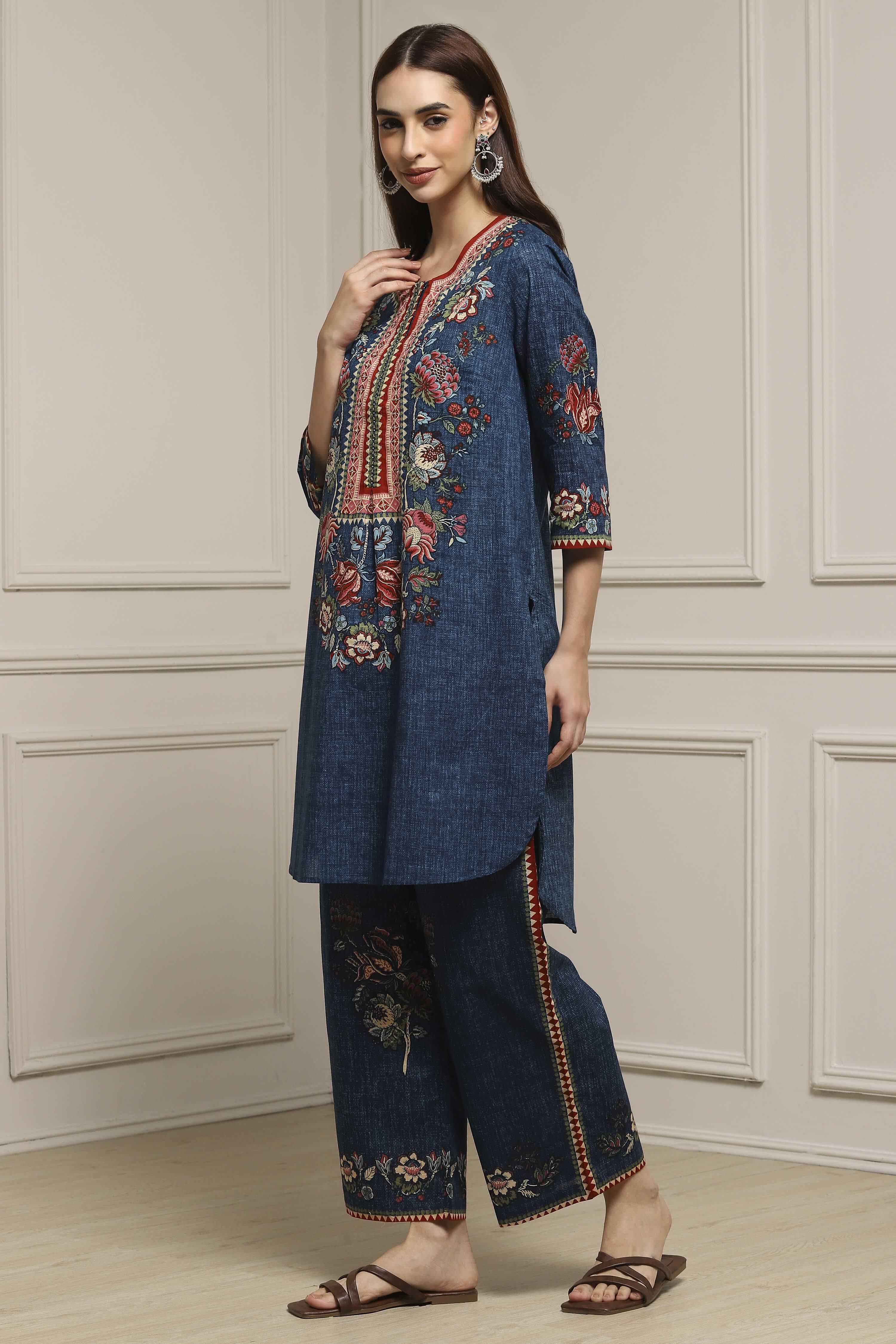 Blue Cotton Printed Straight Kurta Set image number 3
