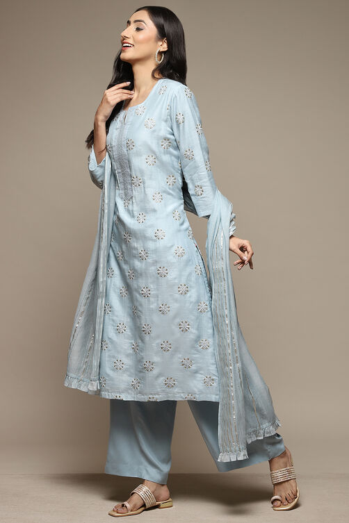 Powder Blue Cotton Blend Straight Kurta Palazzo Suit Set image number 7