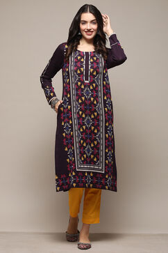 Pink & Purple Poly Cotton Straight Yarndyed Kurta image number 5