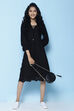 Black Cotton Flax Solid Kurta Dress