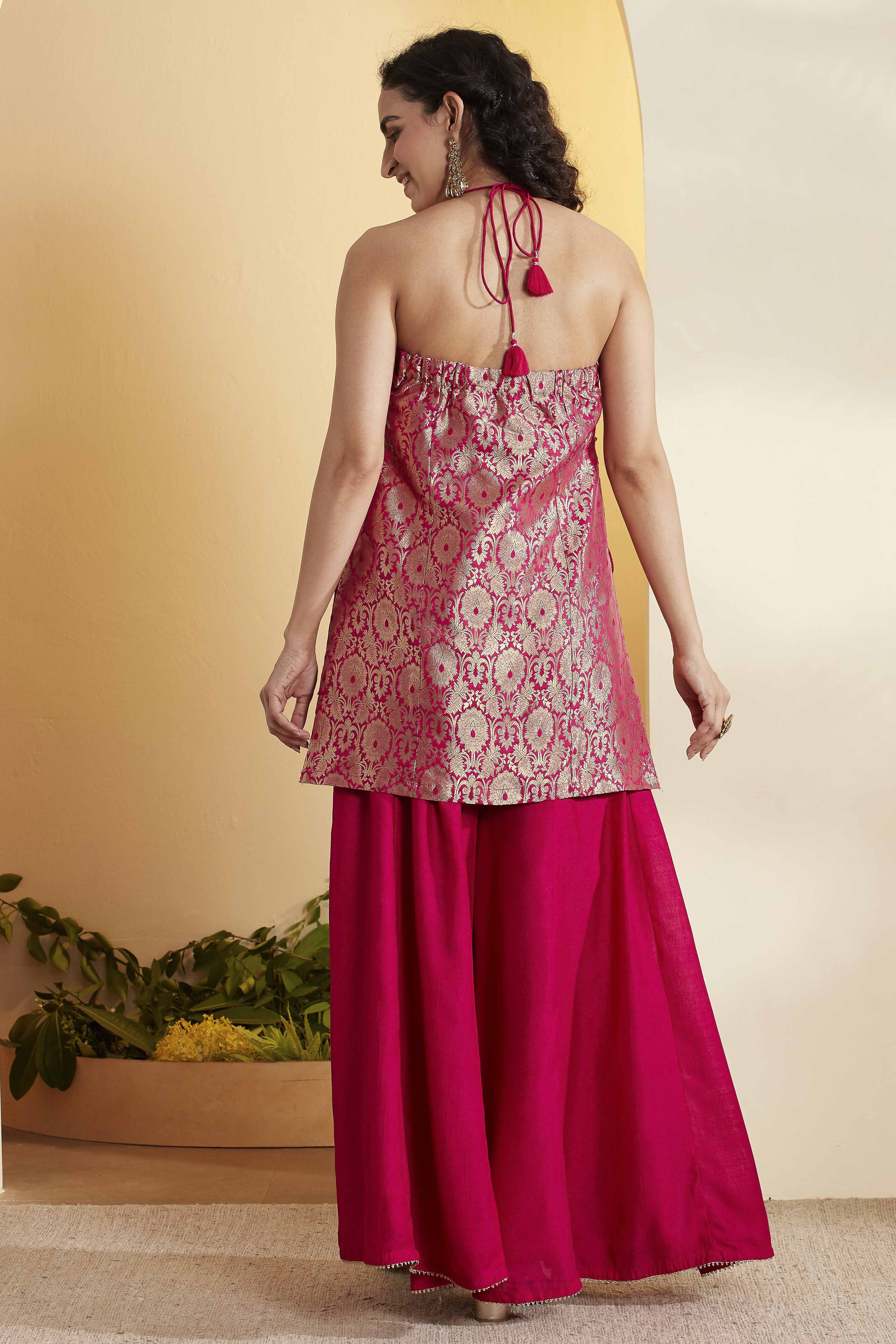 Violet Blue Viscose Rayon Halter Neck Sharara Set image number 5