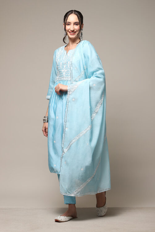 Sky Blue Cotton Blend Layered Kurta Salwar Suit Set image number 6