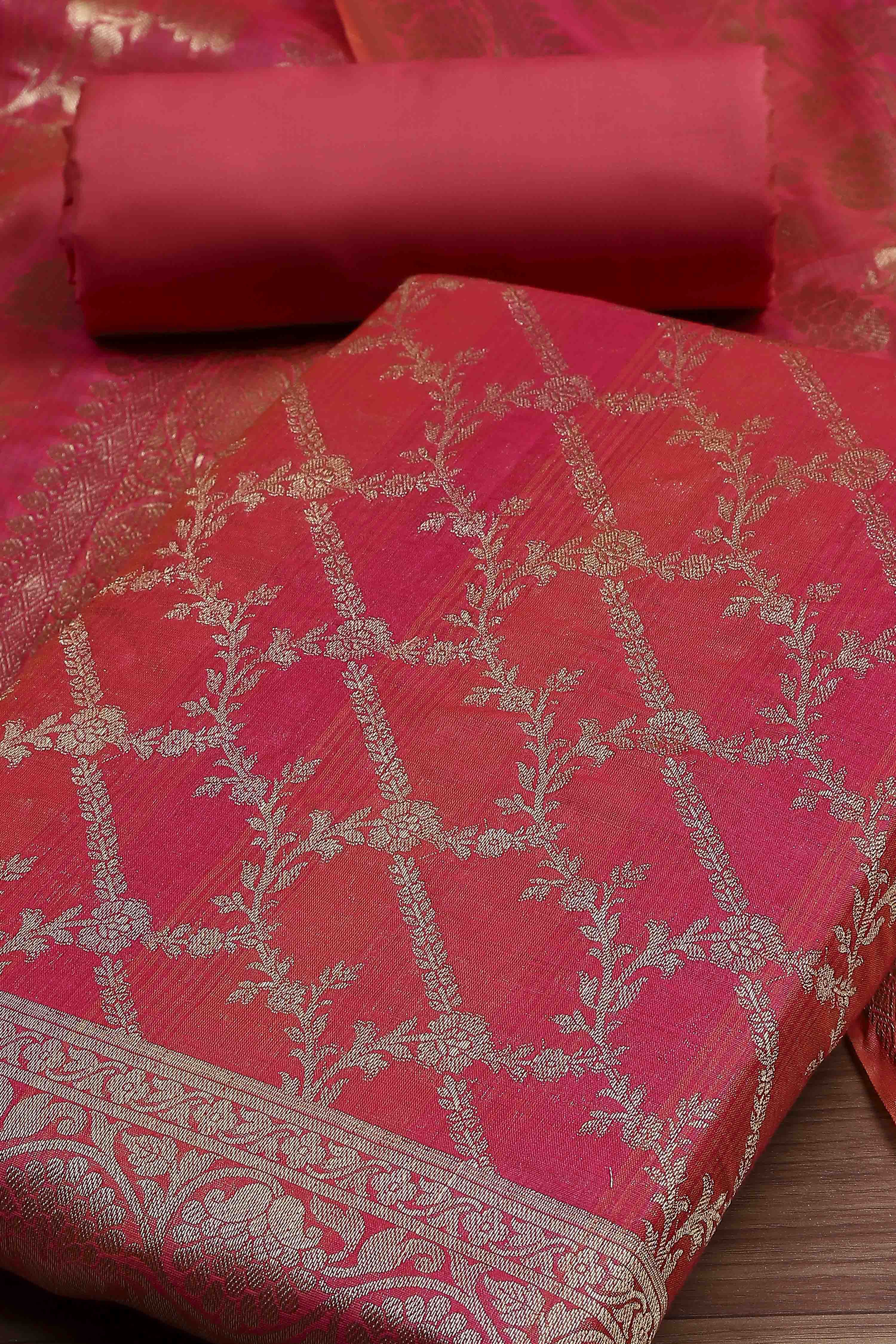 Rust Cotton Printed Embroidered Unstitched Suit Set image number 1