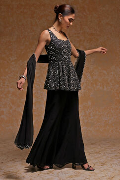 Black Polyester Embroidered Sharara Suit Set image number 4