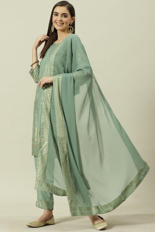 Sage Green Printed Straight Kurta Slim Pants Suit Set image number 5