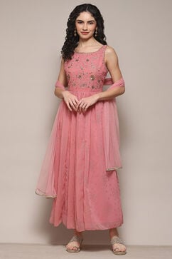 Blush Pink Polyester Flared Solid Dress image number 6