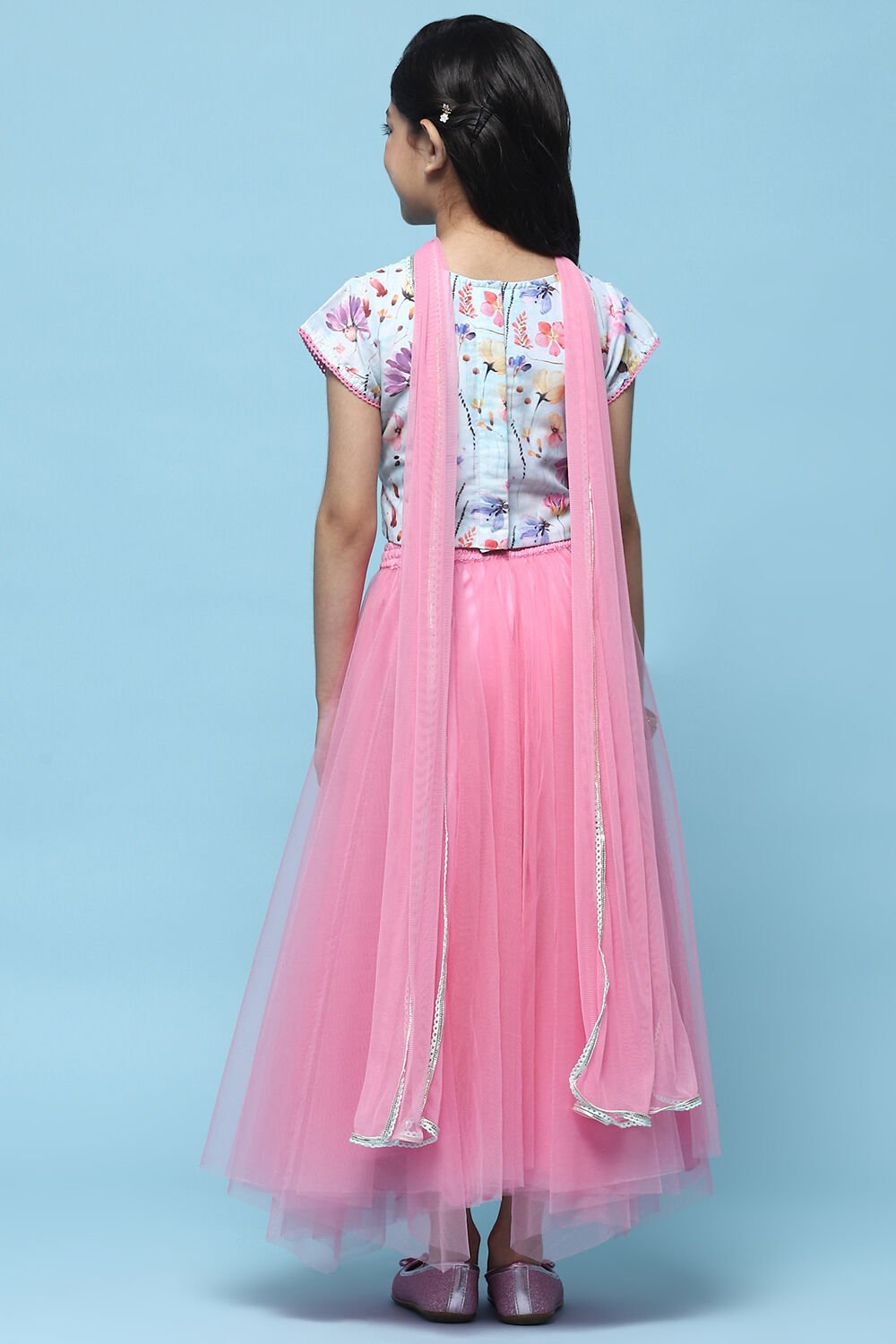 Pink Net Lehenga With Cotton Floral Blouse & Net Dupatta image number 5