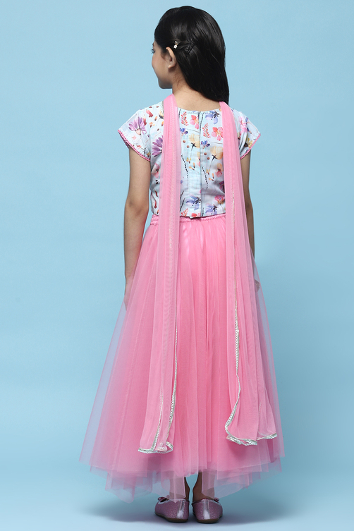 Pink Net Lehenga With Cotton Floral Blouse & Net Dupatta image number 5