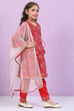 Red Rayon Front Open Kurta Regular Pant Suit Set image number 3
