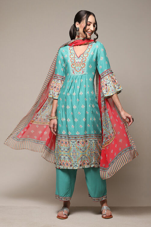 Sea Green LIVA Gathered Kurta Palazzo Suit Set image number 0