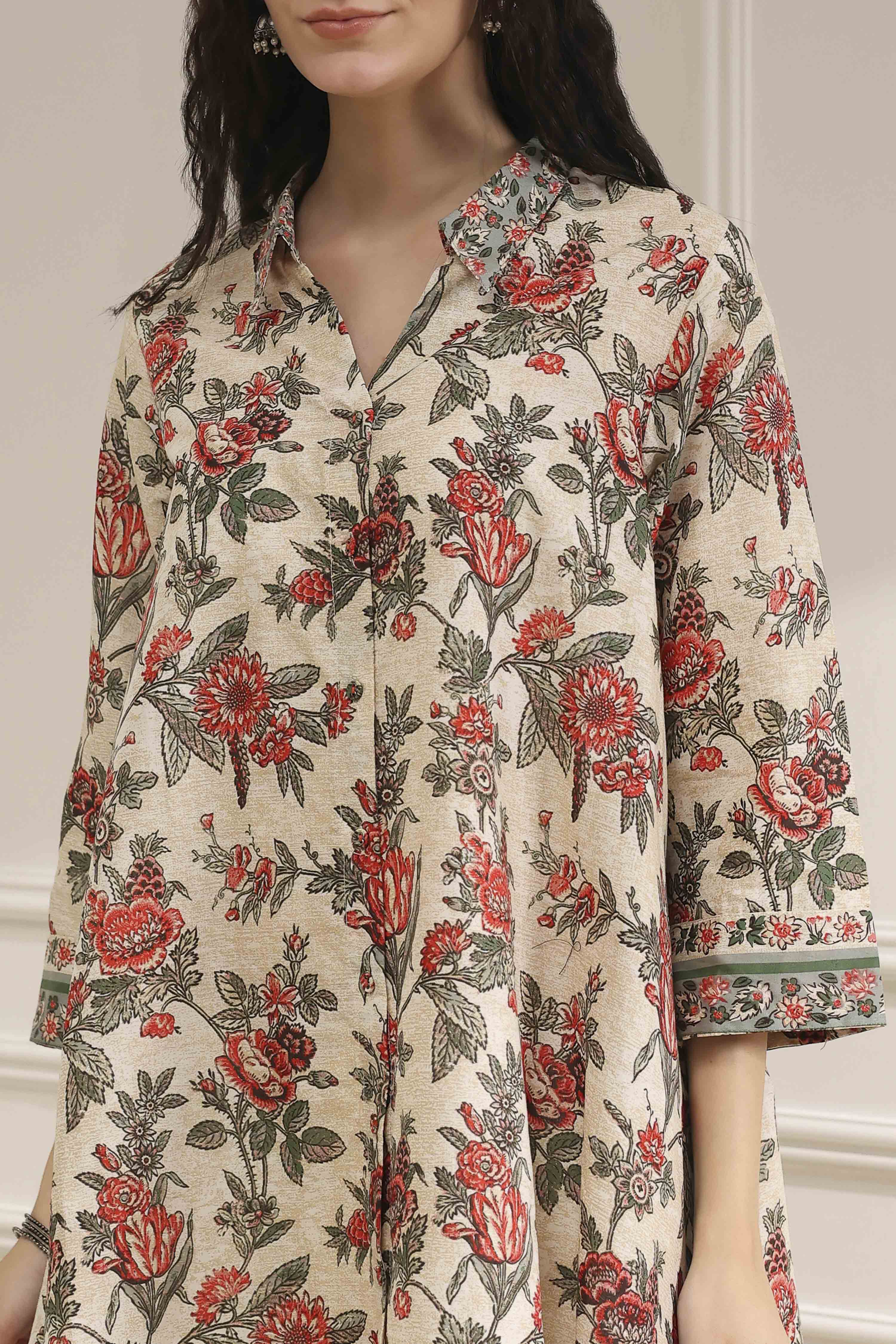 Off-White and Red Cotton A-Line Shirt image number 1