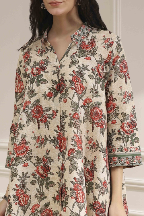 Off-White and Red Cotton A-Line Shirt image number 1