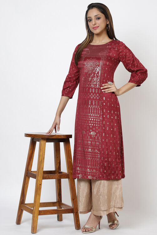 Maroon Viscose Straight Printed Kurta image number 0