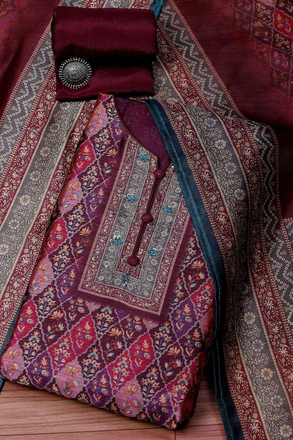 Wine Chanderi Unstitched Suit Set image number 0
