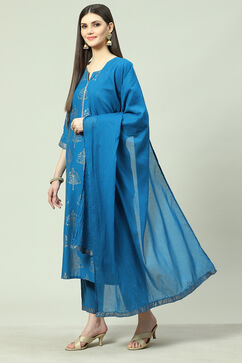 Royal Blue Cotton Straight Kurta Regular Pant Suit Set image number 5