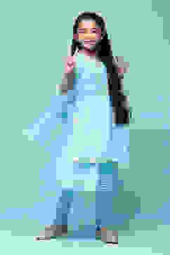 Powder Blue Polyester Straight Printed Suit Set image number 7