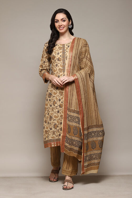 Coffee Brown Cotton Machine Embroidered Unstitched Suit Set image number 8