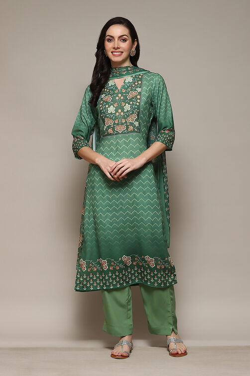 Green Cotton Blend Digital Print Unstitched Suit Set image number 8