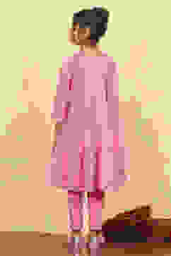 Light Pink Cotton Tiered Printed Kurta Churidar Set image number 4