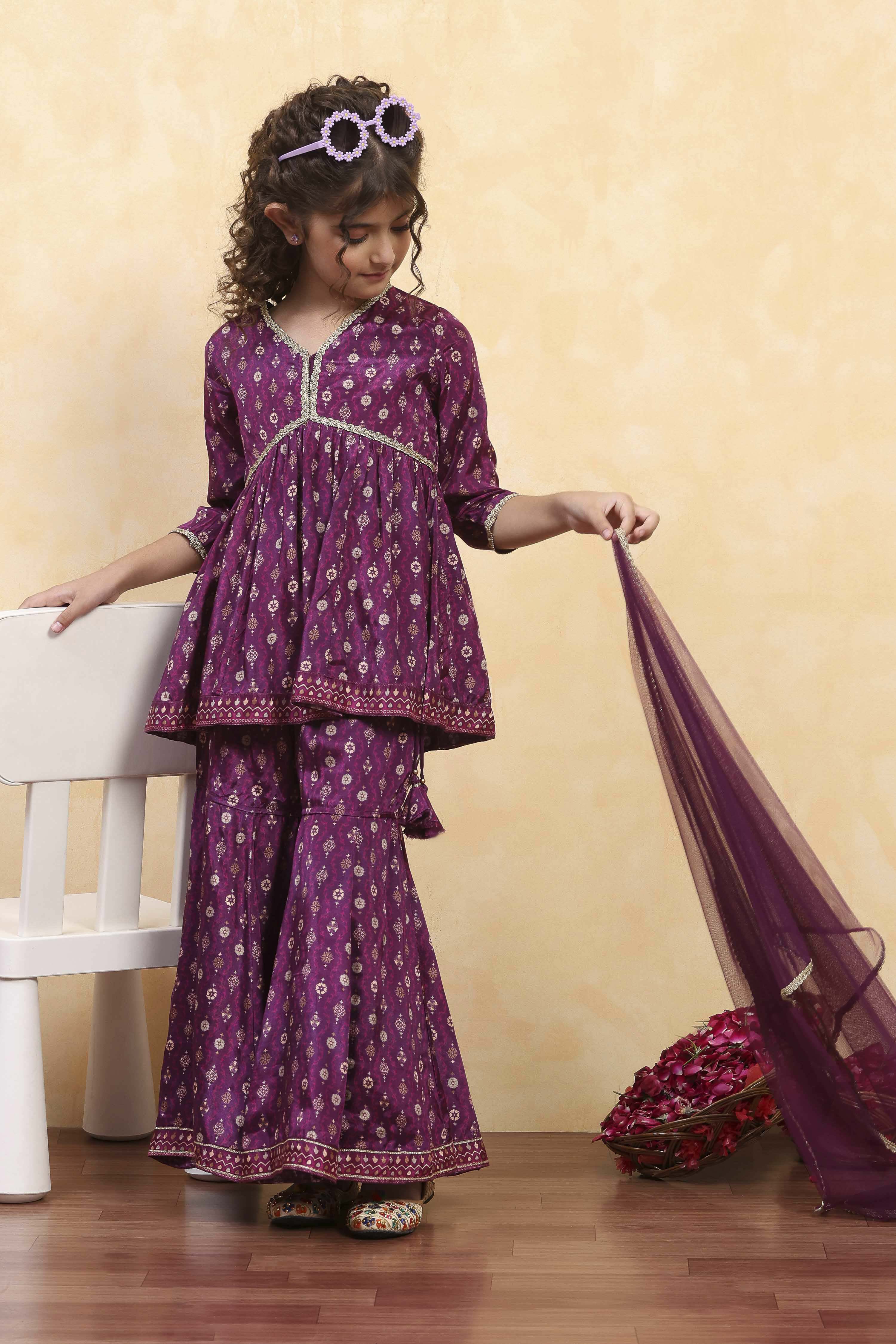 Purple Viscose Rayon Printed Peplum Suit Set image number 7