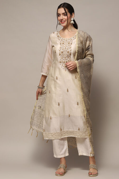 Off White Chanderi Blend Unstitched Suit set image number 1