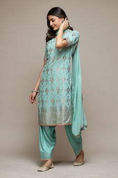 Turquoise Silk Straight Kurta Salwar Suit Set image number 5