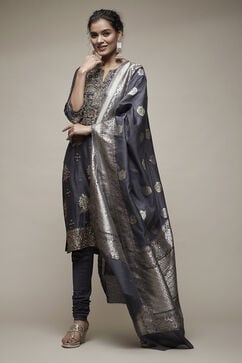 Charcoal Grey Silk Blend Straight Suit Set image number 0