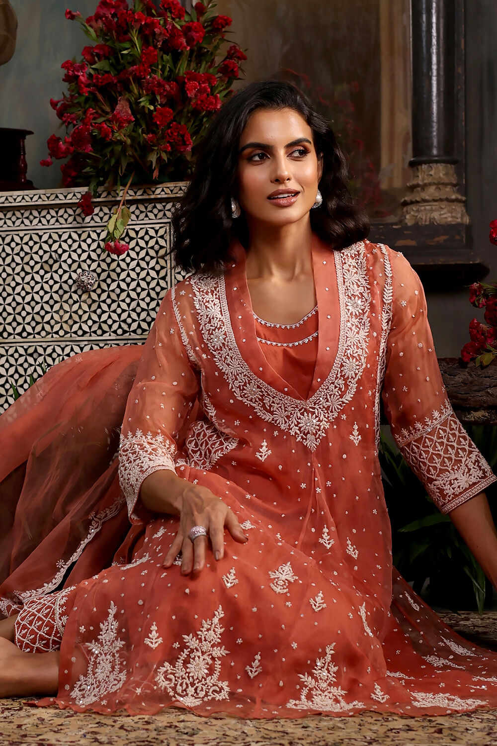 Burnt Orange Embroidered Organza Kalidar Suit Set image number 8