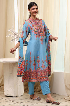 Dull Blue Printed Straight Suit Set image number 5