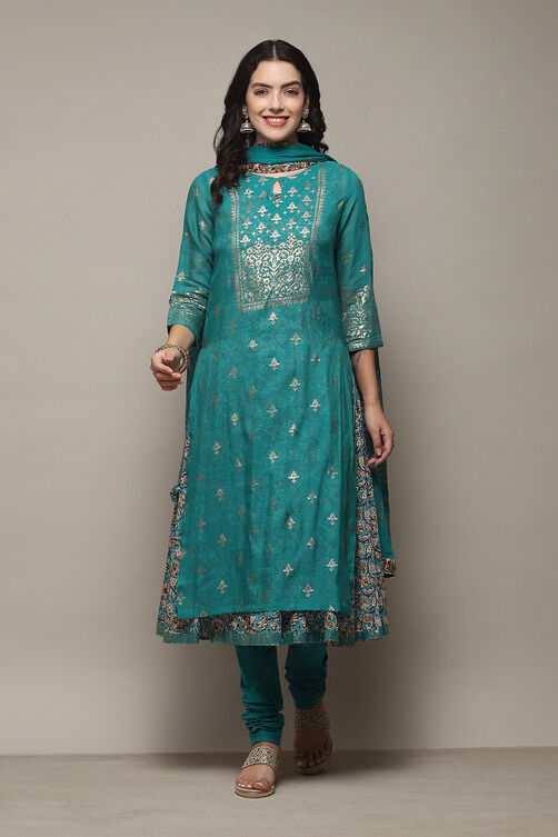 Off White Cotton Layered Printed Kurta Churidar Suit Set image number 7