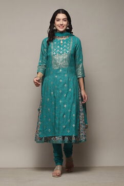 Turquoise Poly Modal Layered Printed Kurta Churidar Suit Set image number 7